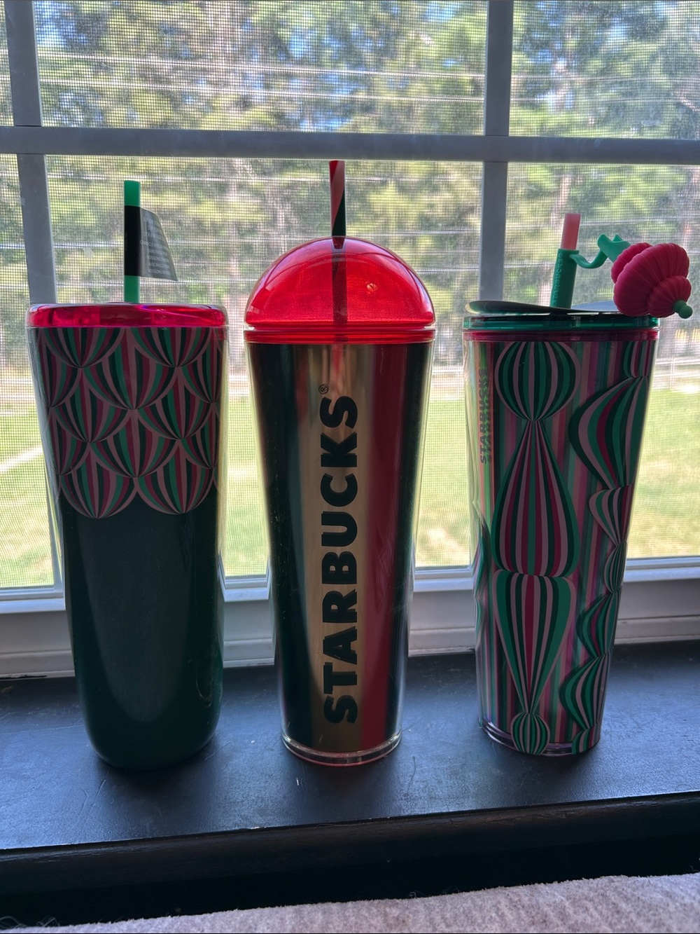 Starbucks Pink and Green Patterned Stainless Steel Tumbler Trio